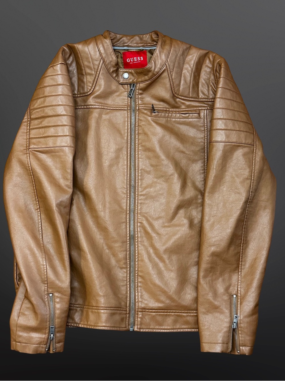 GUESS Faux Leather Moto Biker Jacket Tan Brown Mens XL Quilted Pockets